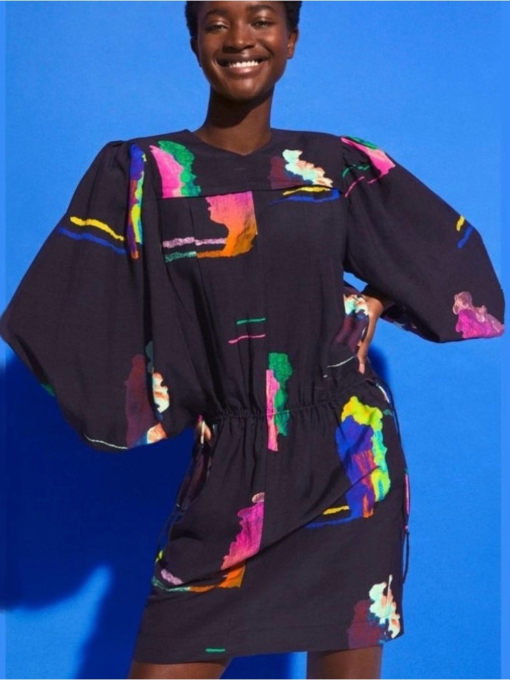 H&M Studio S/S Collection Watercolor Puff Balloon Sleeve Mini Tunic Dress XS 36
